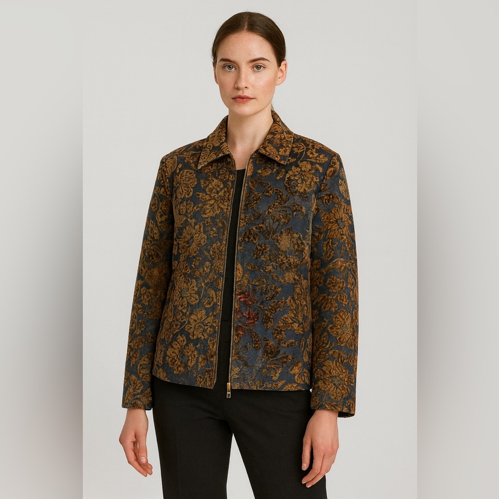 St John Sport Velvet Floral Denim Tapestry Blazer Jacket Full Zip Regencycore L